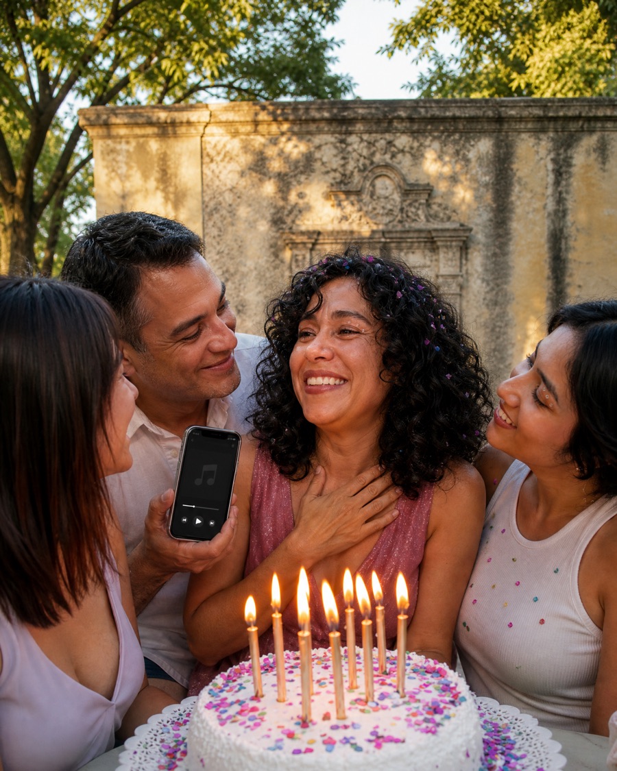 A woman laughing through happy tears at her 40th as her husband plays her song