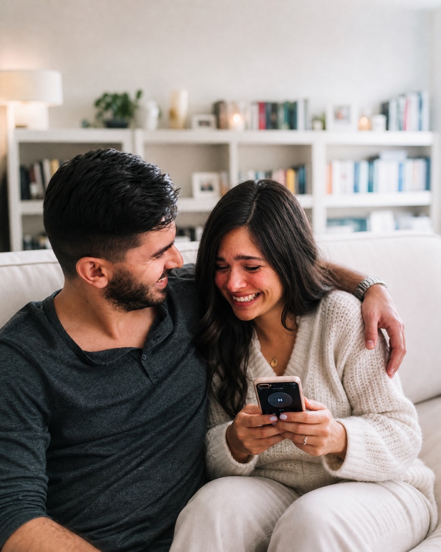 A woman laughing with happy tears on the sofa, holding the phone playing her song