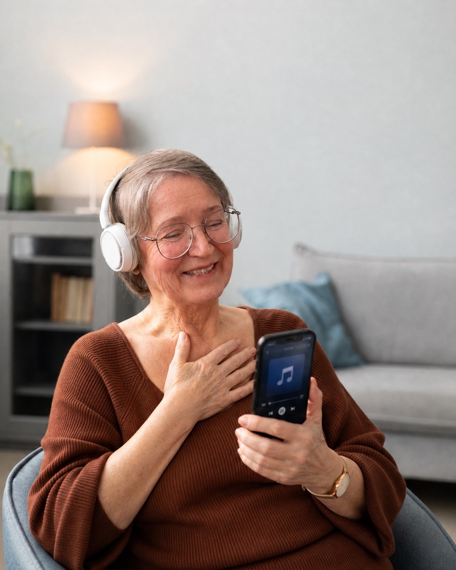 An older woman in headphones, smiling at her phone as her song plays