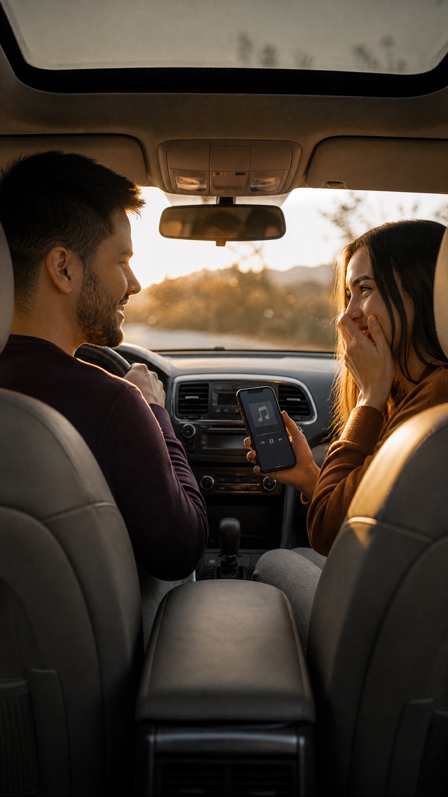 A wife in the passenger seat laughing through tears at the anniversary song her husband made, as he drives